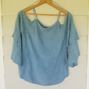Earthbound Trading Chambray Cold Shoulder Top M India Peasant Hippie Bohemian